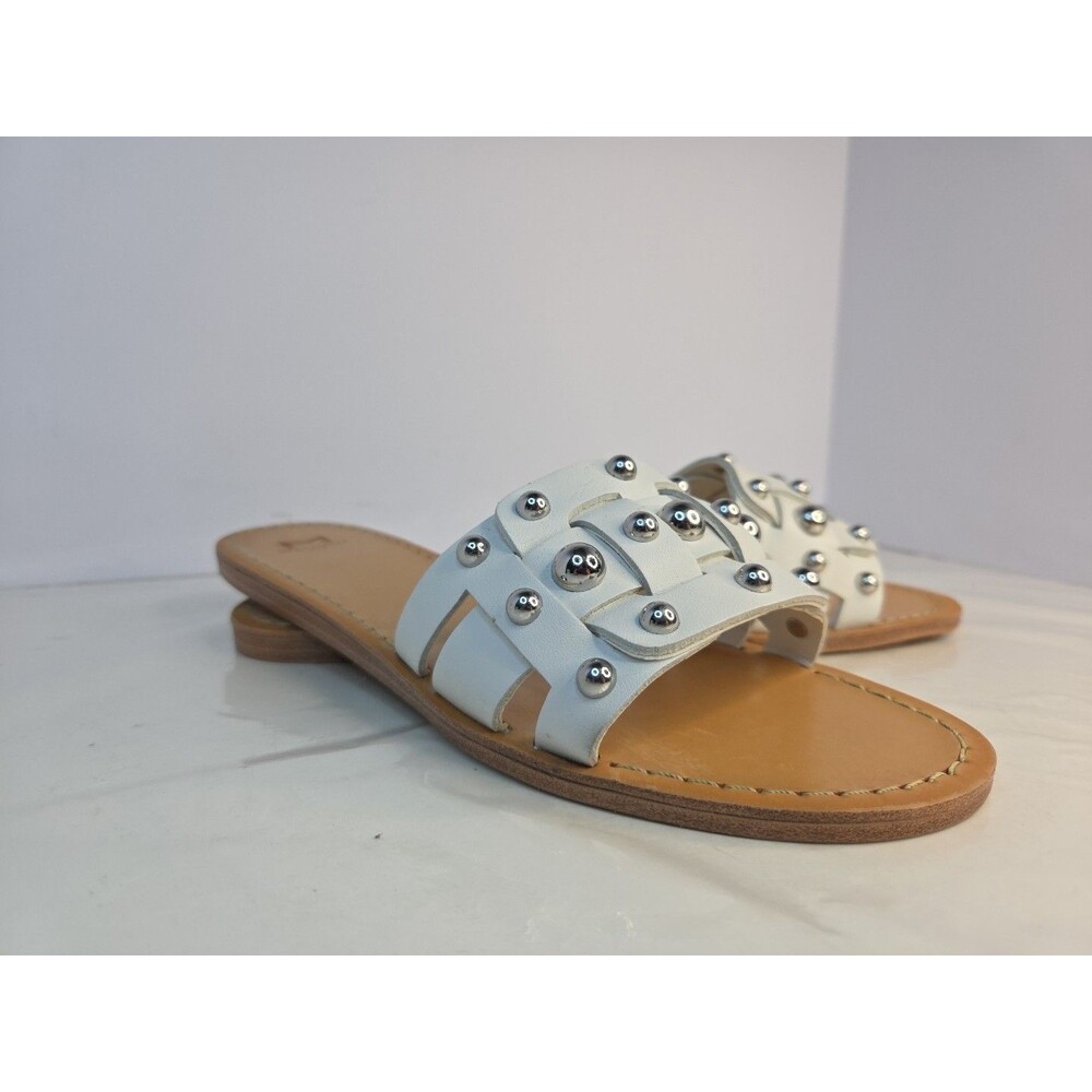 Marc Fisher Silvertone Pava Studded Flat Slide Sandal White Leather Sz 10 M EUC